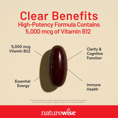 NatureWise Vitamin B12 5000 mcg - Extra Strength - 60 Soft gel capsules