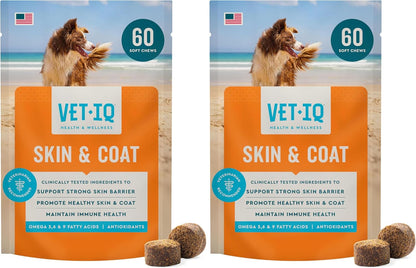VetIQ Skin and Coat Supplement for Dogs - Omega-3, 6 and 9 - Hickory Smoke Flavour Dog Chews - 60 Count