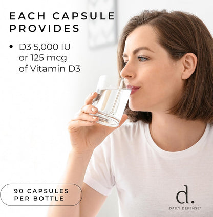 Daily Defence Vitamin D3 5000 IU – 90 Capsules for Immune & Muscle Support