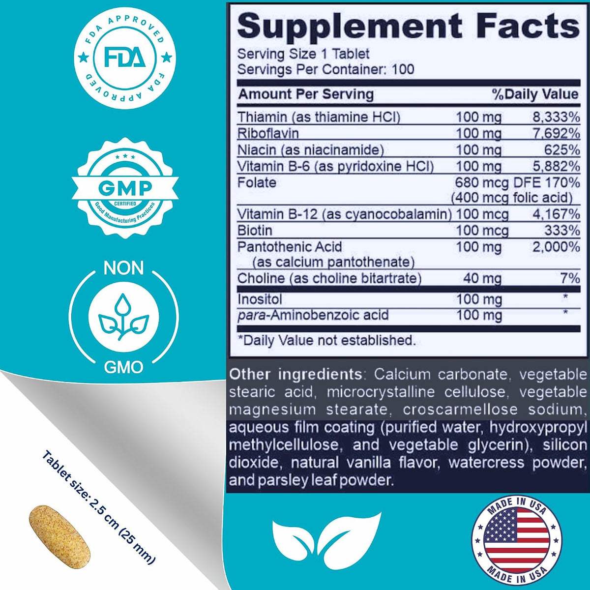Super B-100 Complex – High Strength B-Vitamins with Choline, Inositol & PABA – 100 Tablets - görsel 2