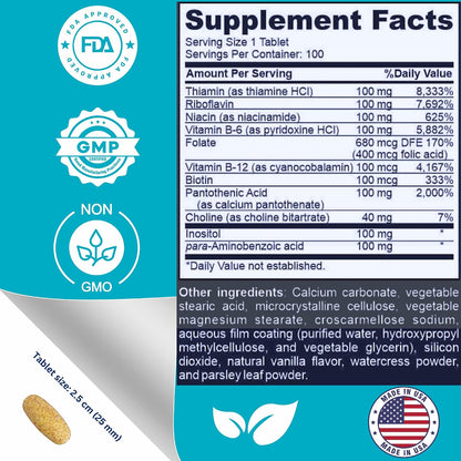 Super B-100 Complex – High Strength B-Vitamins with Choline, Inositol & PABA – 100 Tablets
