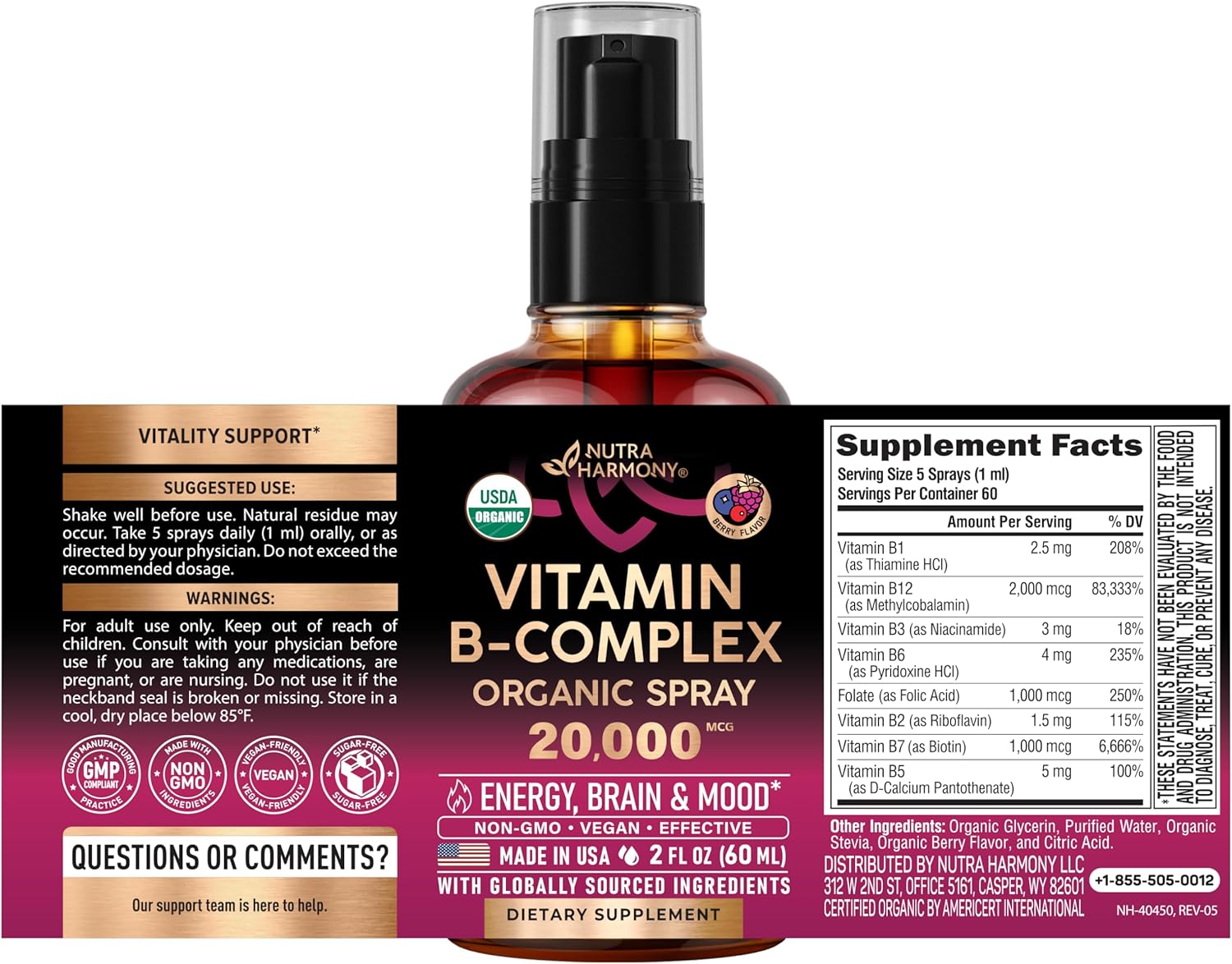 USDA Organic Vitamin B-Complex Liquid Spray 8-in-1 - B5 Pantothenic Acid | B12 Methylcobalamin | B1 Thiamine | B6 Pyridoxine | B7 Biotin | B9 Folate | B3 Niacinamide - Berry Mix Flavour - 2 fl oz (60 ml) - görsel 2