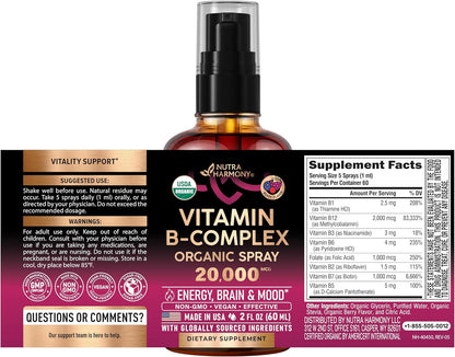 USDA Organic Vitamin B-Complex Liquid Spray 8-in-1 - B5 Pantothenic Acid | B12 Methylcobalamin | B1 Thiamine | B6 Pyridoxine | B7 Biotin | B9 Folate | B3 Niacinamide - Berry Mix Flavour - 2 fl oz (60 ml)