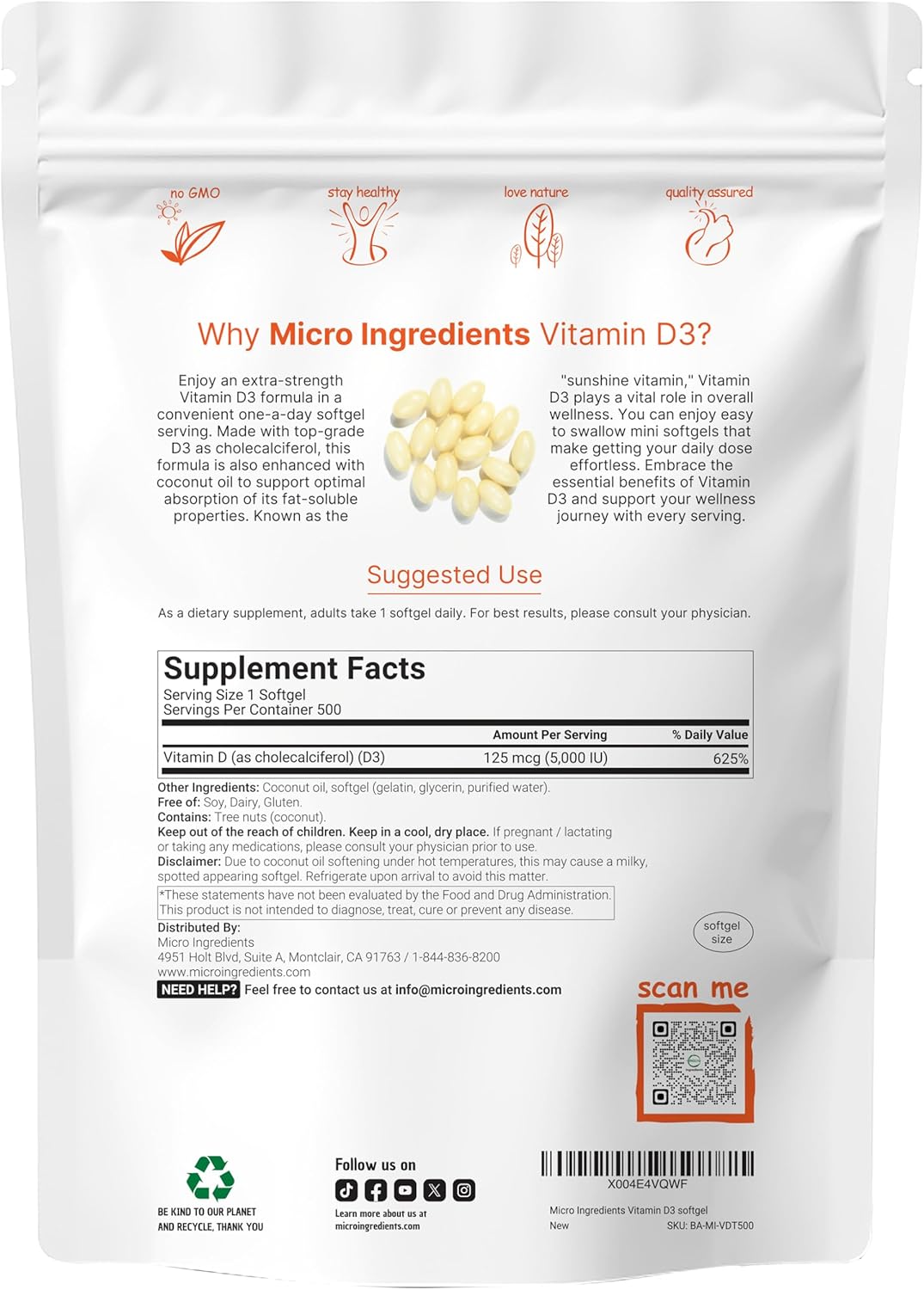 Micro Ingredients Vitamin D3 5,000 IU, 500 Soft gel capsules | Virgin Coconut Oil | Cholecalciferol | Bone & Immune Support | Non-GMO - görsel 2