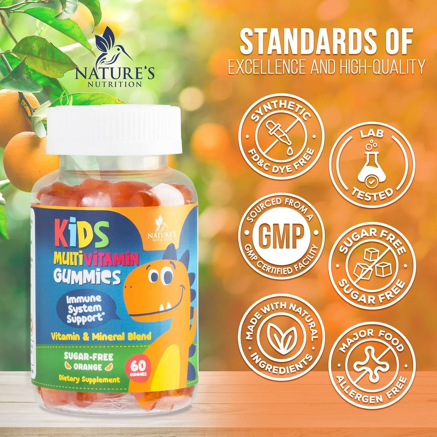 Nature's Nutrition Kids Multivitamin Gummies - Sugar Free - Orange Flavour - Non-GMO - 60 Gummies - görsel 4