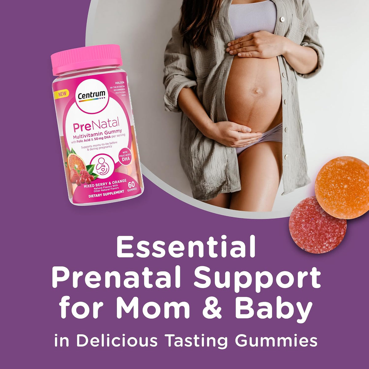 Centrum Prenatal Multivitamin Gummies with DHA and Folic Acid, Mixed Berry and Orange - 60 Count - görsel 2
