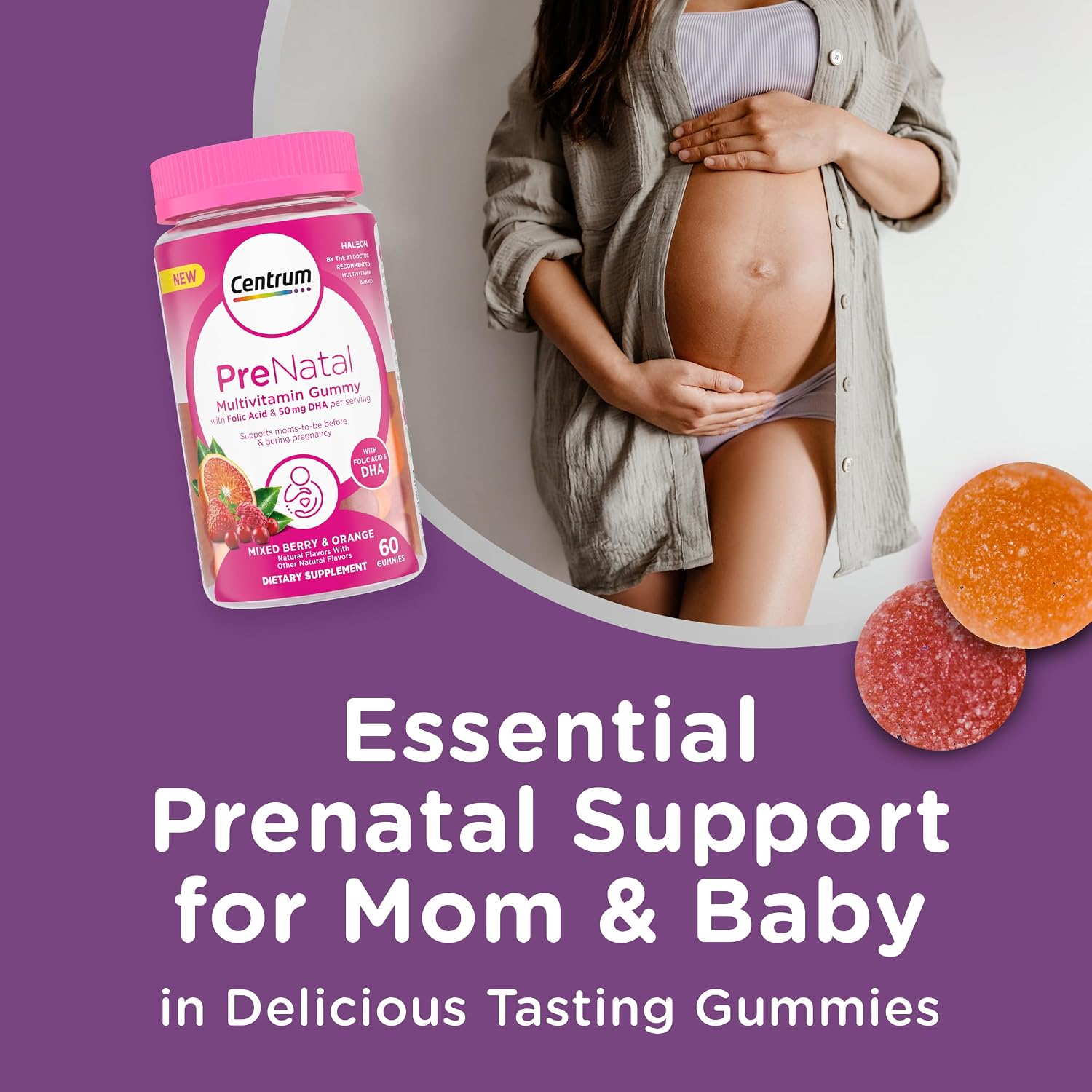 Centrum Prenatal Multivitamin Gummies with DHA and Folic Acid, Mixed Berry and Orange - 60 Count - görsel 2