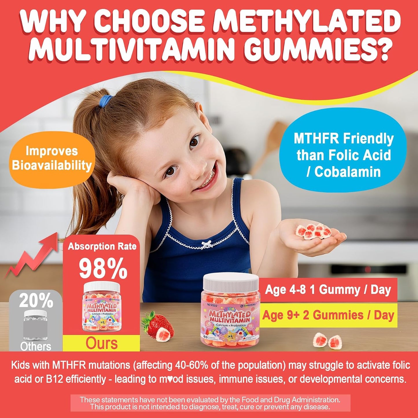 Kids Multivitamin Gummies + Calcium, Probiotics, Vitamin D3, C, Methylated B12 & Methylfolate, B6, A, K2, E, Zinc, Prebiotics for Children Ages 4+, Clean & Sugar Free, for Nutritional Support, 60 Cts - görsel 3