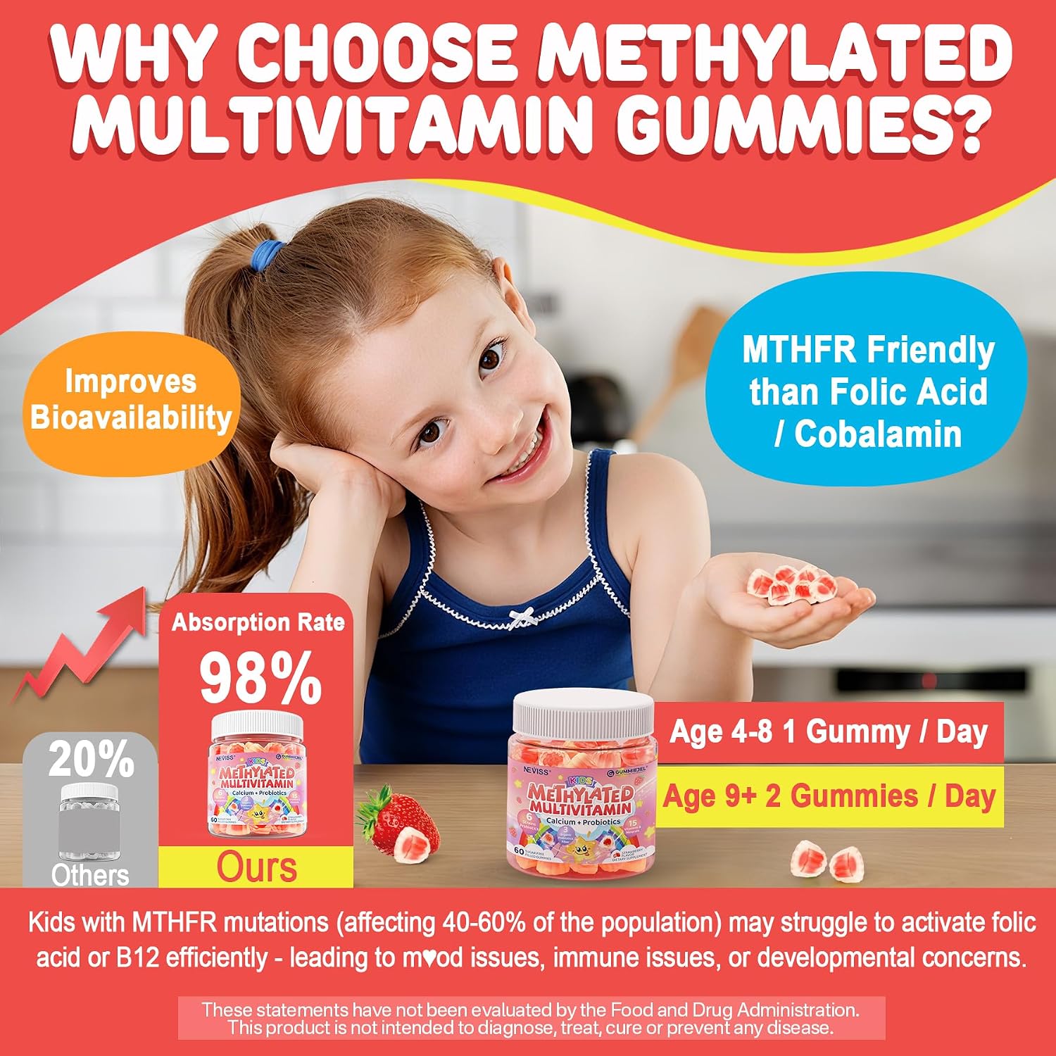 Kids Multivitamin Gummies + Calcium, Probiotics, Vitamin D3, C, Methylated B12 & Methylfolate, B6, A, K2, E, Zinc, Prebiotics for Children Ages 4+, Clean & Sugar Free, for Nutritional Support, 60 Cts - görsel 3