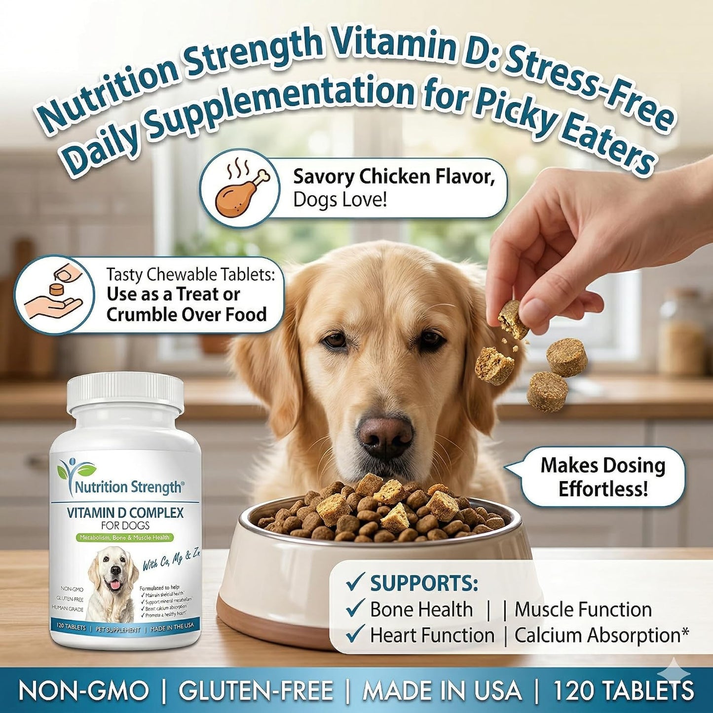 Nutrition Strength Vitamin D for Dogs with Calcium, Magnesium and Zinc - 120 Chewable Tablets - görsel 8