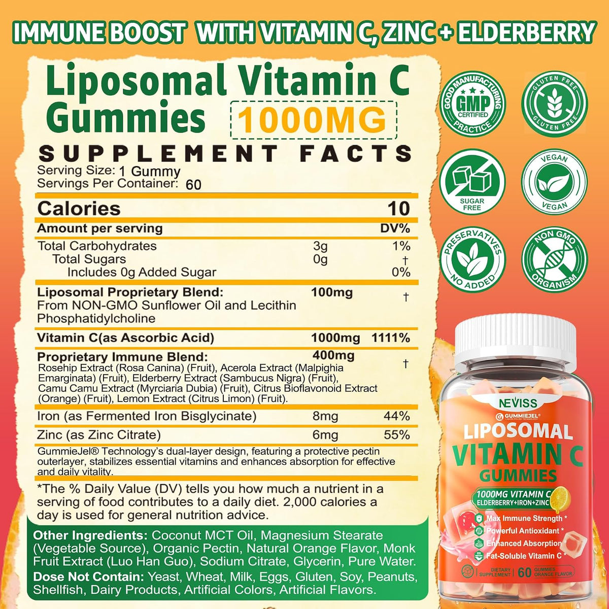 NEVISS Liposomal Vitamin C 1000mg Gummies with Elderberry, Zinc and Iron - görsel 2
