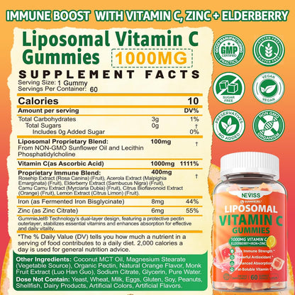 NEVISS Liposomal Vitamin C 1000mg Gummies with Elderberry, Zinc and Iron