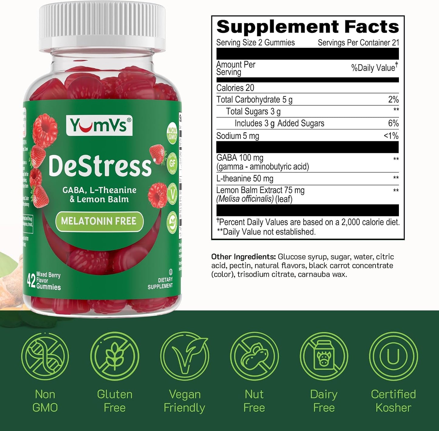 YumV's De-Stress Gummies with GABA, L-Theanine, and Lemon Balm, Mixed Berry, 42 Count - görsel 5