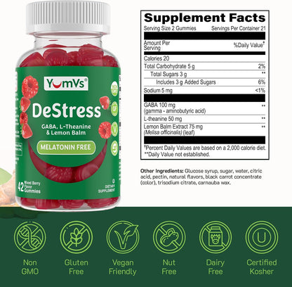 YumV's De-Stress Gummies with GABA, L-Theanine, and Lemon Balm, Mixed Berry, 42 Count