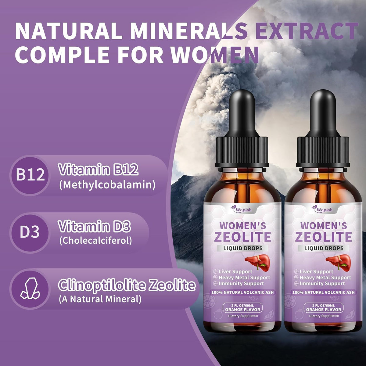 Wanish Premium Zeolite Drops for Women – 99%+ Pure Natural Volcanic Ash with B12 & D3, Vegan, Non-GMO, 118 ml - görsel 3