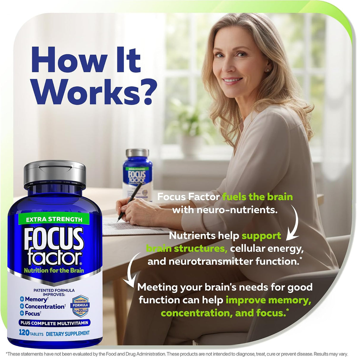 Focus Factor Adults Extra Strength, 120 Tablets - Brain Supplement for Memory, Concentration and Focus - Complete Multivitamin with DMAE, Vitamin D, DHA - Trusted Health Supplements - görsel 7