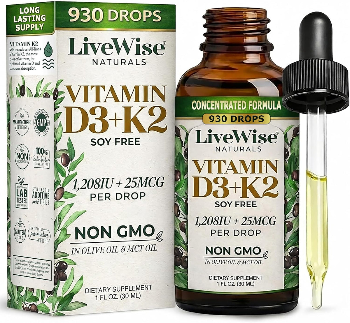 Live Wise Naturals Vitamin D3 & K2 Drops, 1208 IU D3 with 25 mcg K2 (MK-7), 930 Drops - görsel 1