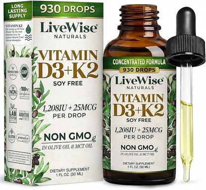 Live Wise Naturals Vitamin D3 & K2 Drops, 1208 IU D3 with 25 mcg K2 (MK-7), 930 Drops