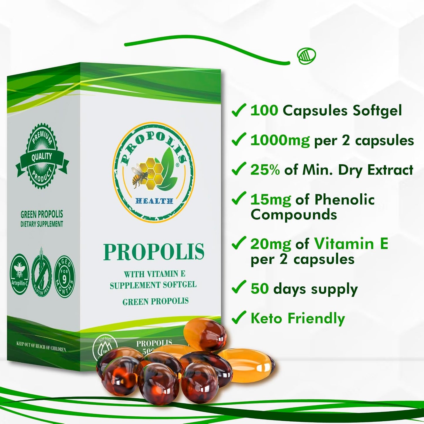 Propolis Health Propolis Capsules 1000mg with Vitamin E – 100 Capsules - görsel 5