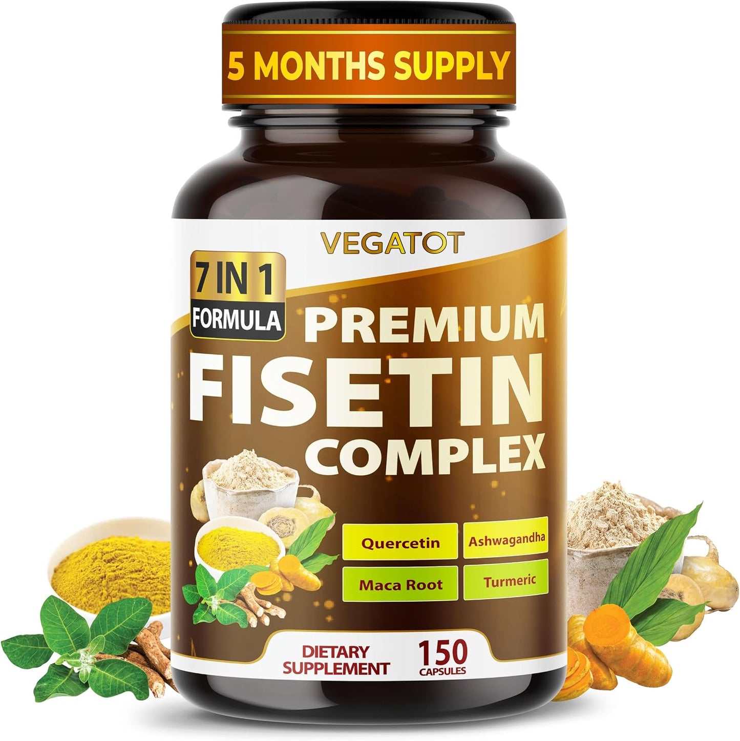 VEGATOT Organic Fisetin Complex 7-in-1 Formula | with Quercetin, Resveratrol, Ashwagandha, Maca Root, Turmeric, Black Pepper | 150 Capsules | Non-GMO, Gluten-free - görsel 1