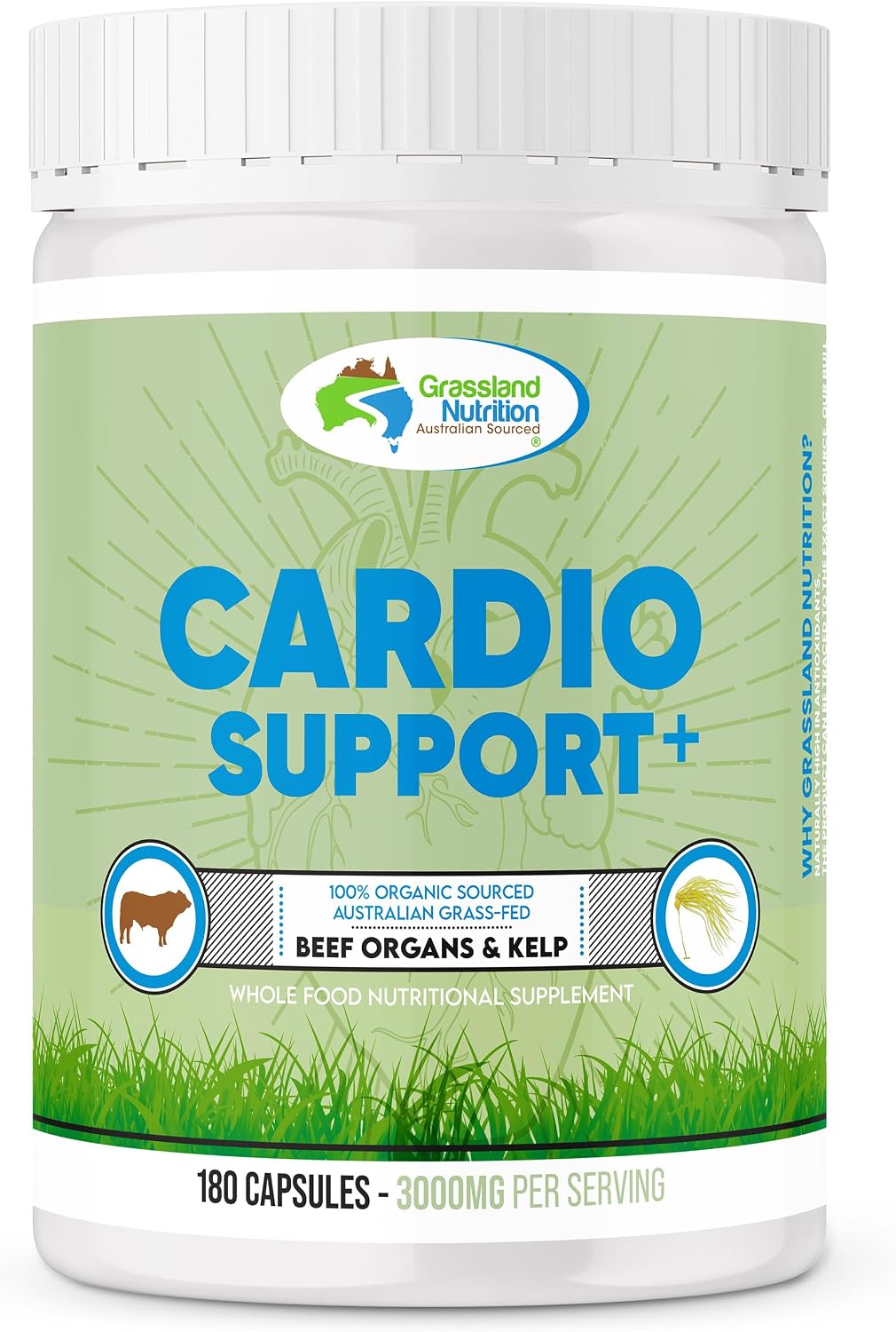 GRASSLAND NUTRITION 100% Organic Australian: Cardio Support Beef Organ Blend – CoQ10, B12, Iodine (180 Capsules) - görsel 1