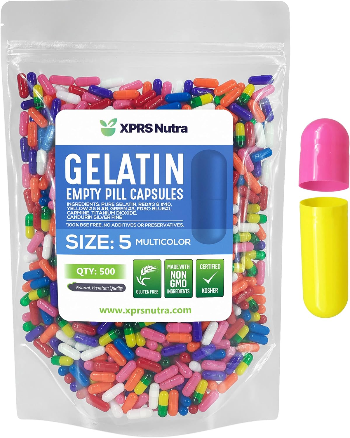 XPRS Nutra Size 5 Empty Capsules - 500 Count Very Small Empty Gelatine Capsules for DIY Supplement Filling (Multi Colour) - görsel 1