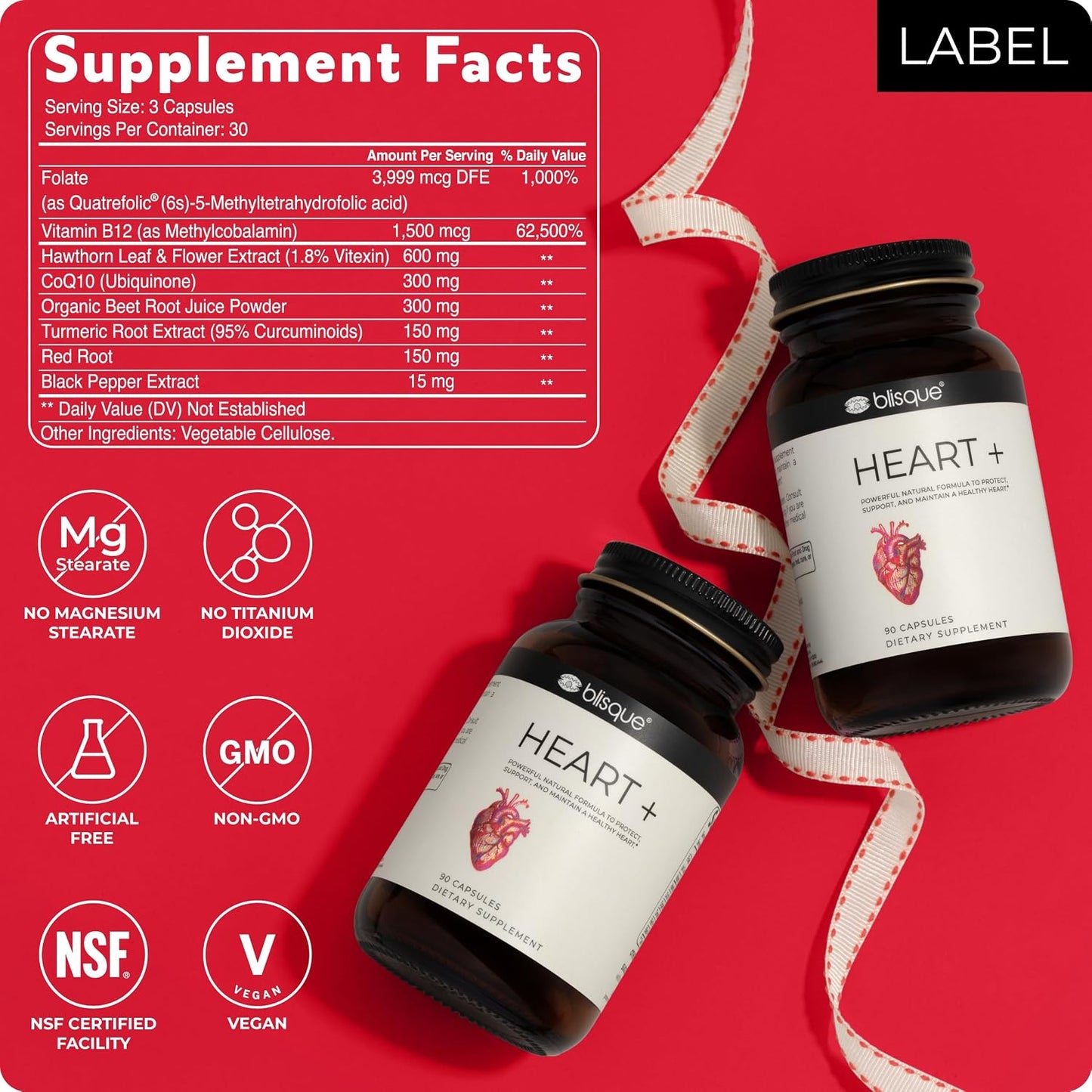 Blisque HEART+ – Natural Blood Pressure Support Supplement with CoQ10, Hawthorn Berry, Beet Root, Turmeric, 90 Capsules - görsel 6