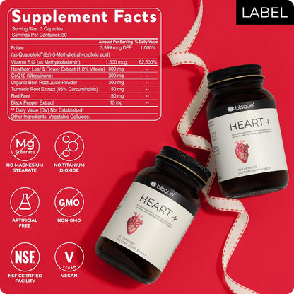 Blisque HEART+ – Natural Blood Pressure Support Supplement with CoQ10, Hawthorn Berry, Beet Root, Turmeric, 90 Capsules