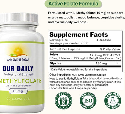 Our Daily Vites L-Methylfolate 10 mg – High-Strength Active Folate (5-MTHF), 90 Vegan Capsules