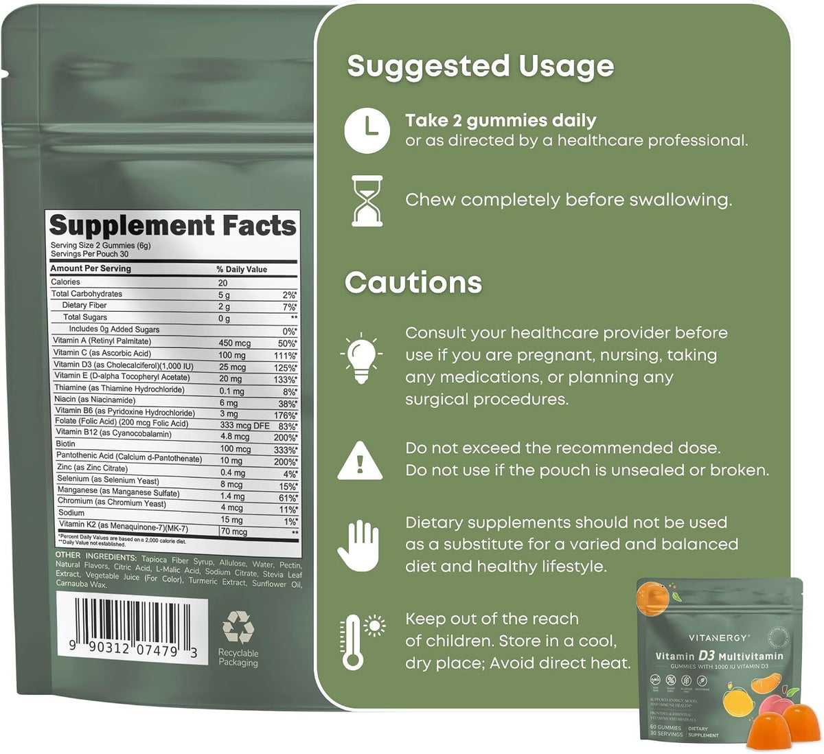 Vitanergy Women's Multivitamin Gummies with D3 K2, Sugar-Free, 60 Count - görsel 7