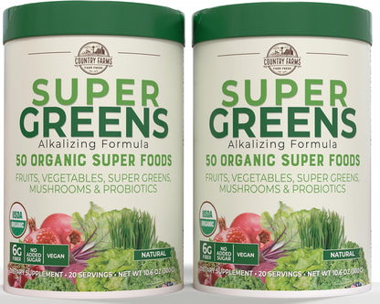 Country Farms Super Greens Natural Flavour – Organic Superfood Powder with Fibre, Mushrooms & Probiotics (60 Servings, 900g)