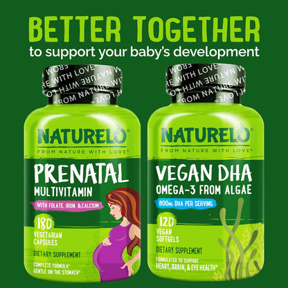 NATURELO Prenatal Multivitamin with Gentle Chelated Iron, Methyl Folate, Plant Calcium & Choline - Vegan, Vegetarian - Non-GM - Gluten-free - 180 Capsules - 4 Month Supply (Pack of 2)