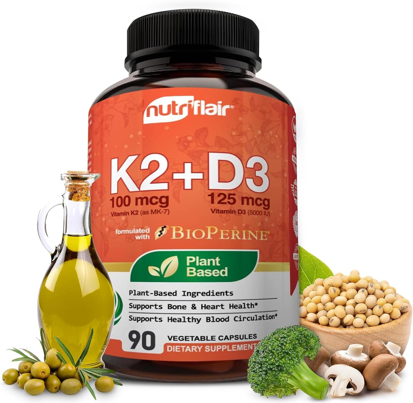 NutriFlair Vitamins D3 (5000 IU) + K2 (as MK-7) - Plant-Based with BioPerine, 90 Capsules - görsel 1