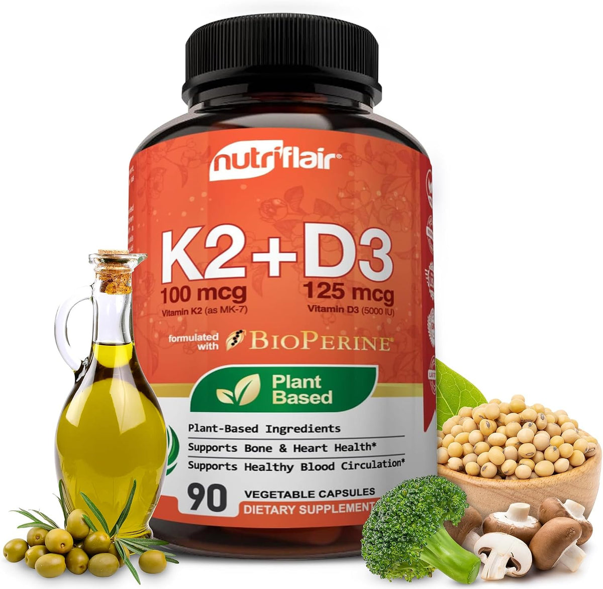 NutriFlair Vitamins D3 (5000 IU) + K2 (as MK-7) - Plant-Based with BioPerine, 90 Capsules - görsel 1