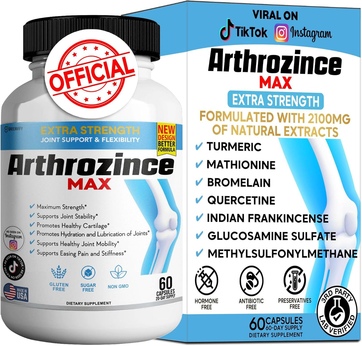 Arthrozince Max Extra Strength Joint Support | Glucosamine & Chondroitin Complex for Mobility | 60 Capsules - görsel 1