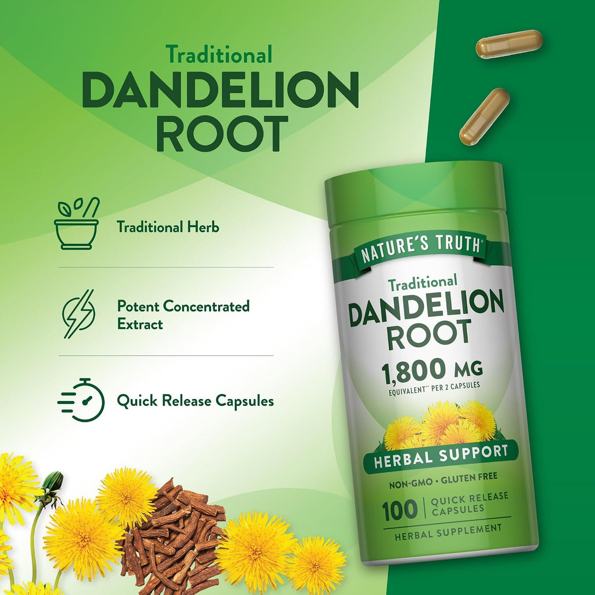 Nature's Truth Dandelion Root Capsules - 100 Capsules, Non-GMO & Gluten-free Herbal Supplement - görsel 5