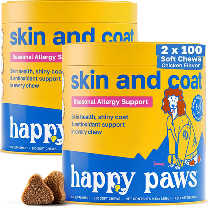 Happy Paws Skin and Coat Supplement for Dogs - Itch & Allergy Relief, Dry Skin Comfort, Shedding Care with Coconut Oil & Vitamin B12, Vegan Chicken Flavour, 200 Chews