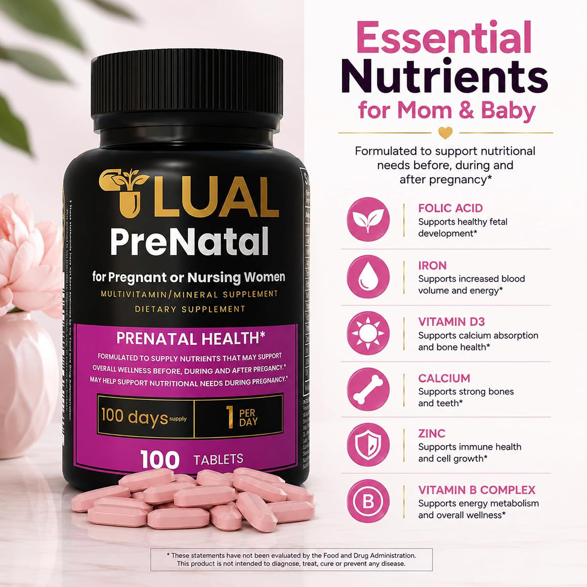 LUAL Prenatal Multivitamin with Folic Acid & Iron | 100 Tablets - görsel 6