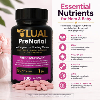 LUAL Prenatal Multivitamin with Folic Acid & Iron | 100 Tablets