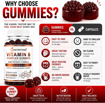 O Nutritions Vitamin B Complex Gummies for Women and Men - B12, Biotin, Folate, Vitamin C - Energy, Mood and Memory Support - Hair, Skin and Nails - Vegan Strawberry Gummies, 60 Count