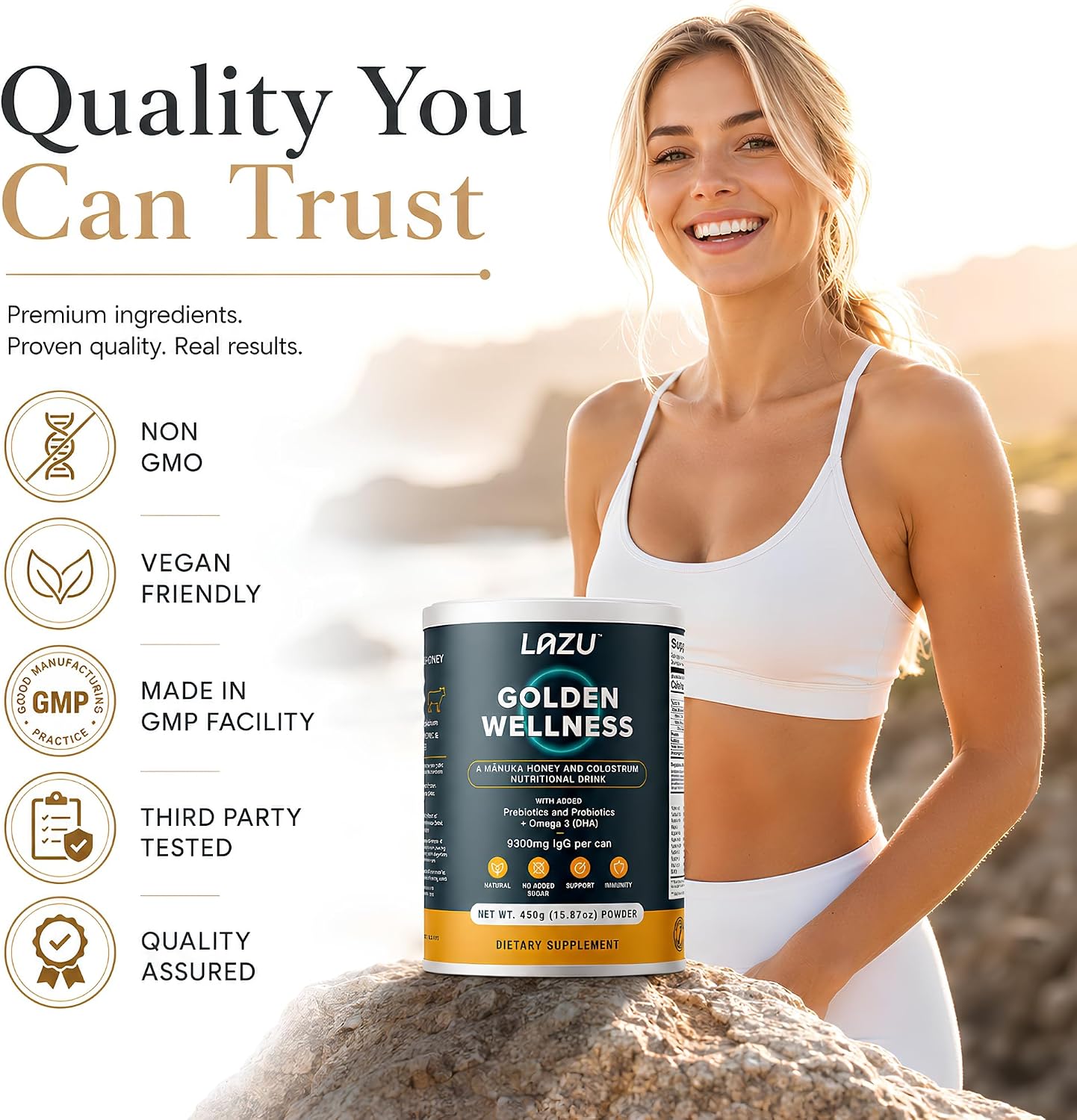 Lazu Golden Wellness Colostrum Supplement - Grass-Fed Bovine Colostrum with Manuka Honey, Probiotics & Omega-3 (450g) - görsel 8