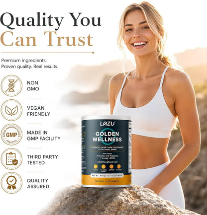 Lazu Golden Wellness Colostrum Supplement - Grass-Fed Bovine Colostrum with Manuka Honey, Probiotics & Omega-3 (450g)