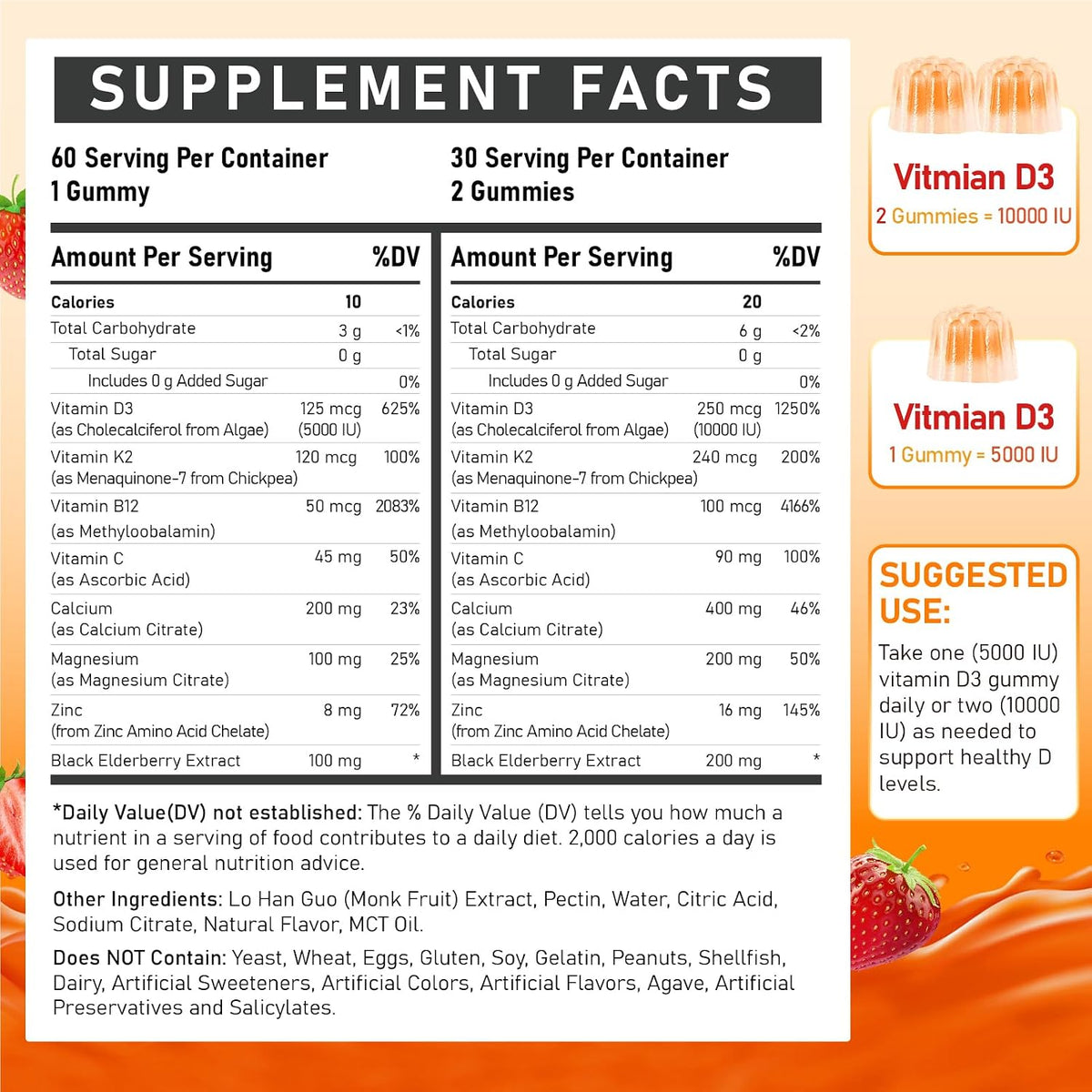 Vitamin D3 10000IU + K2 Gummies with Methyl B12, Calcium, Magnesium, Zinc & Elderberry - Sugar-Free Vegan - görsel 2