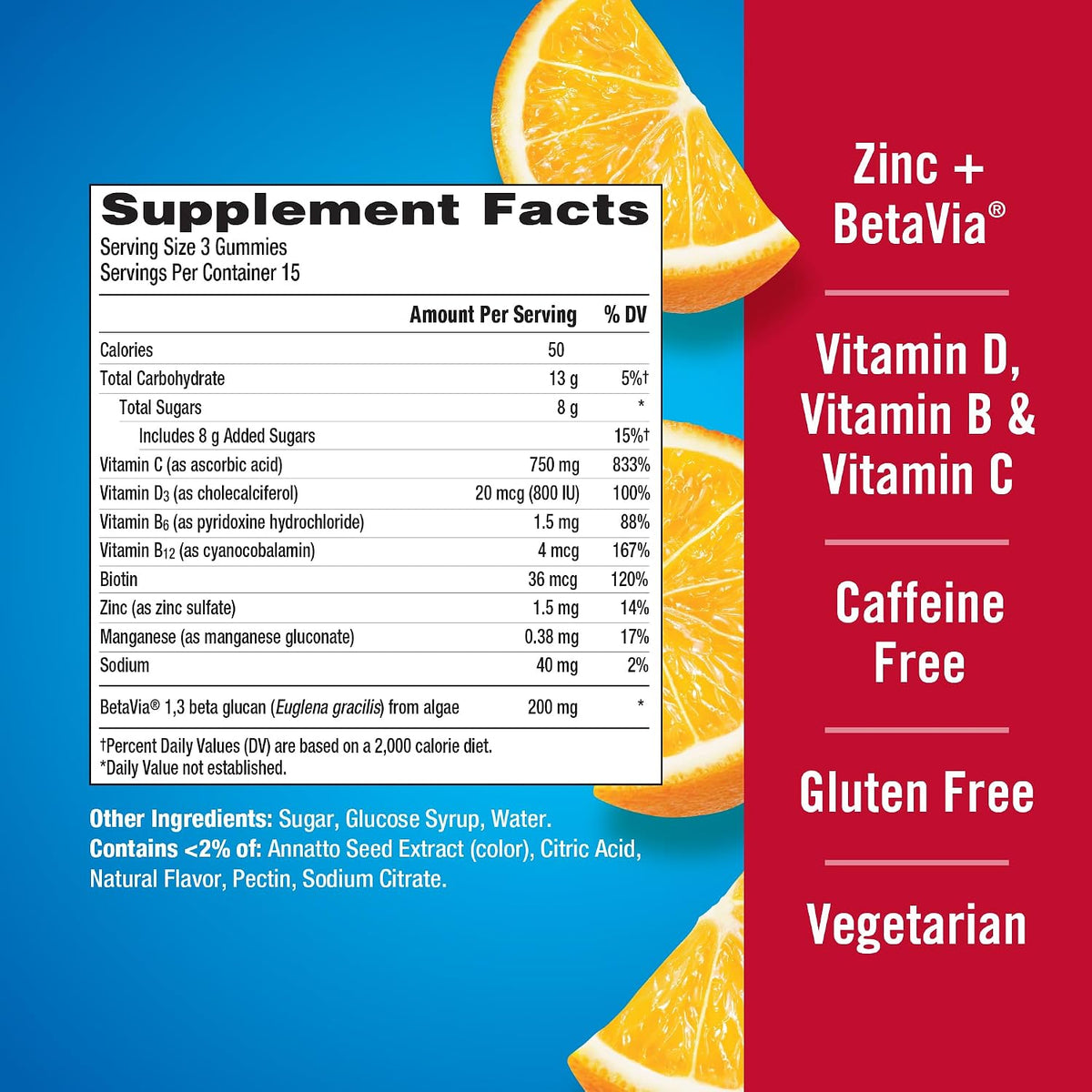 Emergen-C Immune+ Triple Action Immune Support Gummies with BetaVia, 750mg Vitamin C, B Vitamins, Vitamin D and Antioxidants, Super Orange Flavour - 45 Count - görsel 6