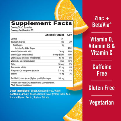 Emergen-C Immune+ Triple Action Immune Support Gummies with BetaVia, 750mg Vitamin C, B Vitamins, Vitamin D and Antioxidants, Super Orange Flavour - 45 Count