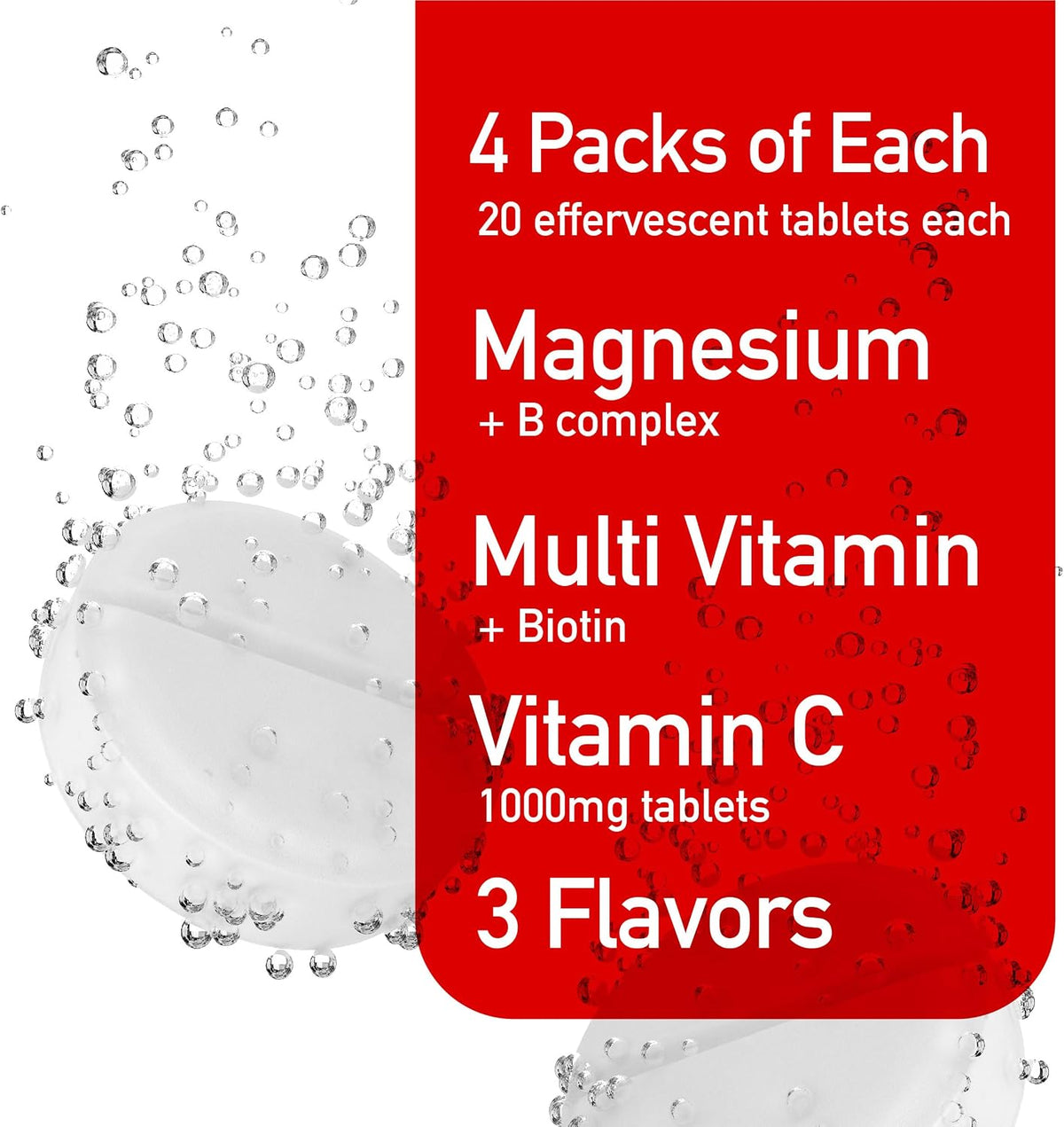 Effervescent Variety Pack with Vitamin C 1000mg, Magnesium + B Complex, Multivitamin + Biotin, 12-Pack, 240 Tablets - görsel 3