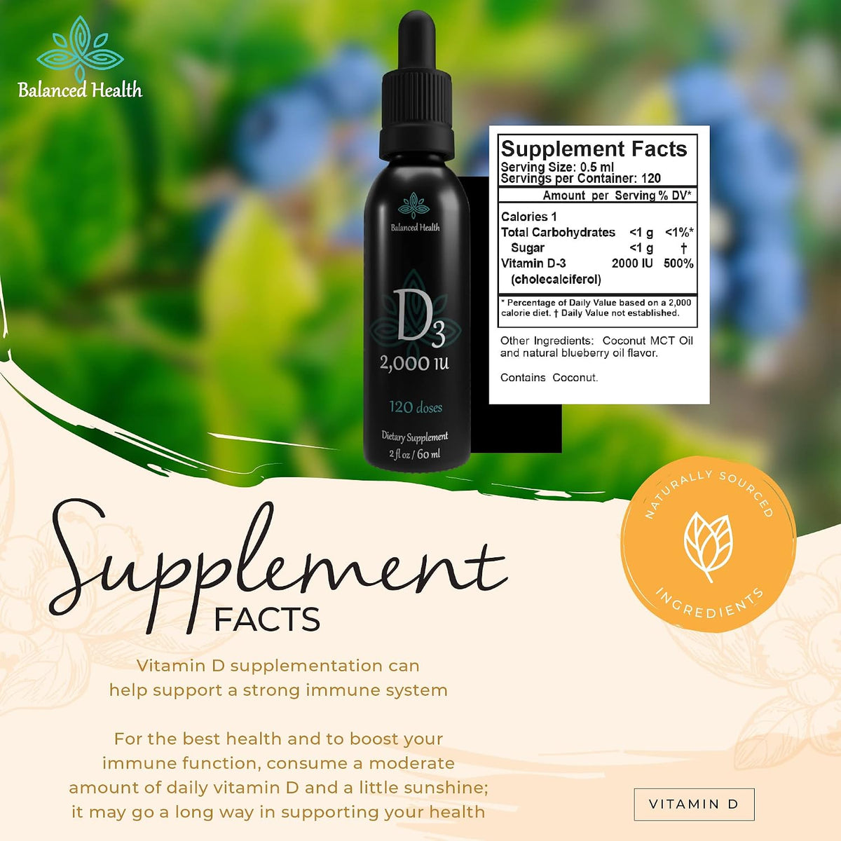 Balance Health Vitamin D3 2,000 IU Liquid Drops - Blueberry Flavour with MCT Oil, 60 ml (120 Doses) - görsel 6