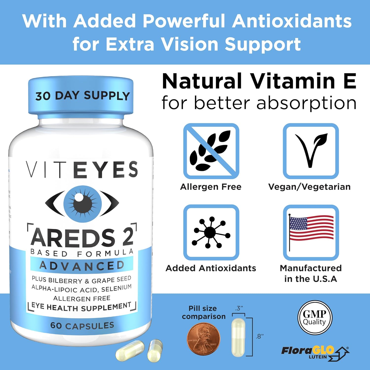 Viteyes AREDS 2 Advanced Macular Support - 60 Capsules (30-Day Supply) - Allergen Free, Vegan Eye Vitamins with Lutein, Zeaxanthin, and Antioxidants - görsel 5