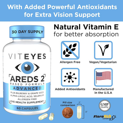 Viteyes AREDS 2 Advanced Macular Support - 60 Capsules (30-Day Supply) - Allergen Free, Vegan Eye Vitamins with Lutein, Zeaxanthin, and Antioxidants