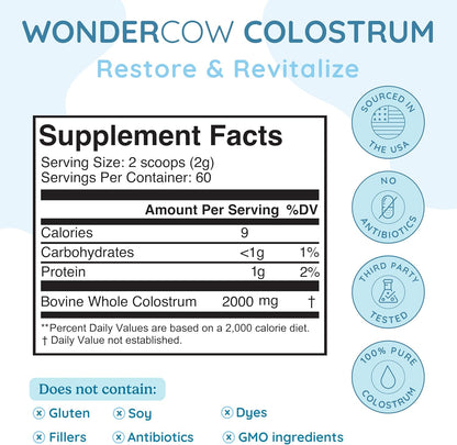 WONDERCOW Whole Bovine Colostrum Powder – Unflavoured, 60 Servings